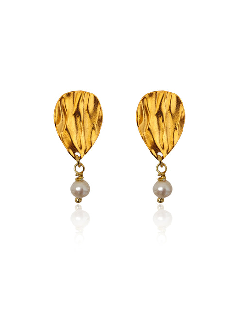 Peplos pearl drop earrings in gold plated sterling silver on white background