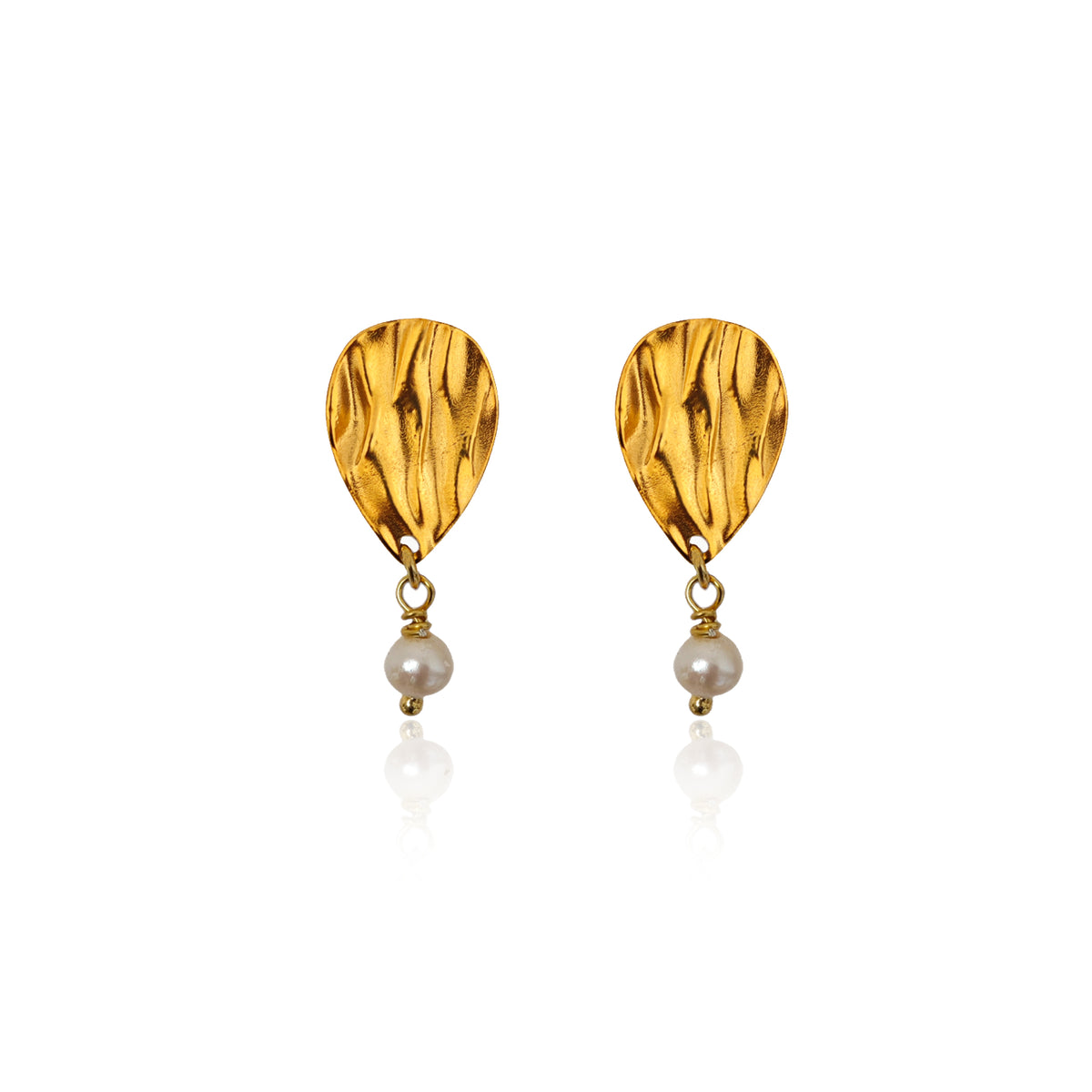Peplos pearl drop earrings in gold plated sterling silver on white background