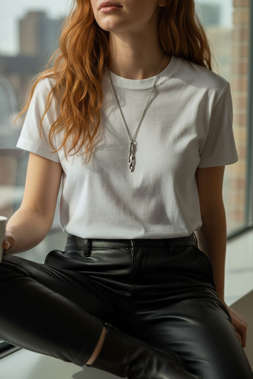 Athenais Drapé Pendant in silver on medium-length chain, lifestyle portrait indoors with natural light