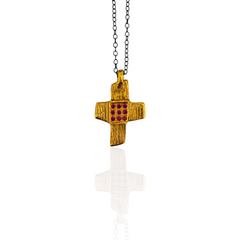 Gold plated silver cross with black chain and red zircons 