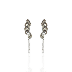 Aether Rocker Wing Earrings by Athenart, handmade silver sculptural wing earrings with chain detail