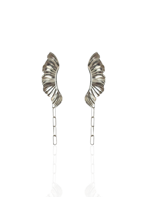 Aether Rocker Wing Earrings by Athenart, handmade silver sculptural wing earrings with chain detail