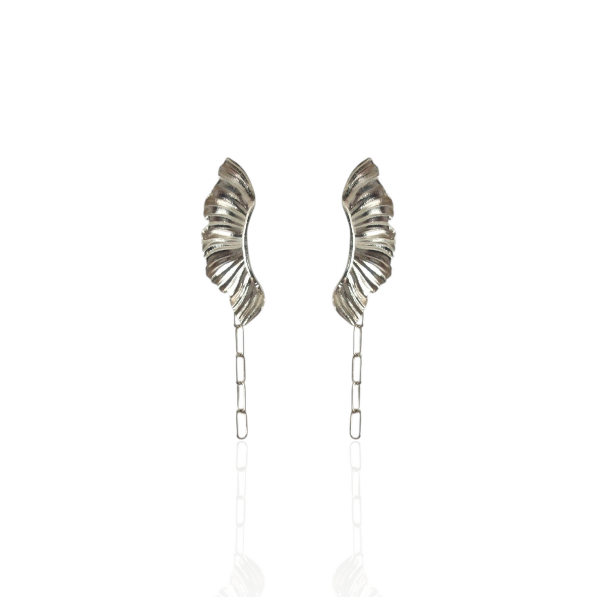 Aether Rocker Wing Earrings by Athenart, handmade silver sculptural wing earrings with chain detail
