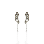 Aether Rocker Wing Earrings by Athenart, handmade silver sculptural wing earrings with chain detail