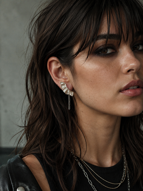 Athena wearing Aether Rocker Wing Earrings, silver wing earrings with chain drop and dark editorial styling