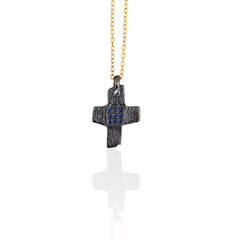 Handmade organic silver oxidized cross with blue xircons 