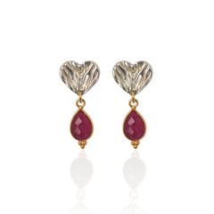 Handmade ruby heart drop earrings in silver and gold by Athenart