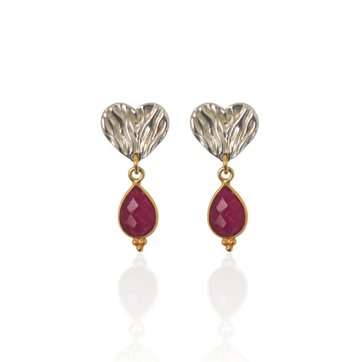 Handmade ruby heart drop earrings in silver and gold by Athenart