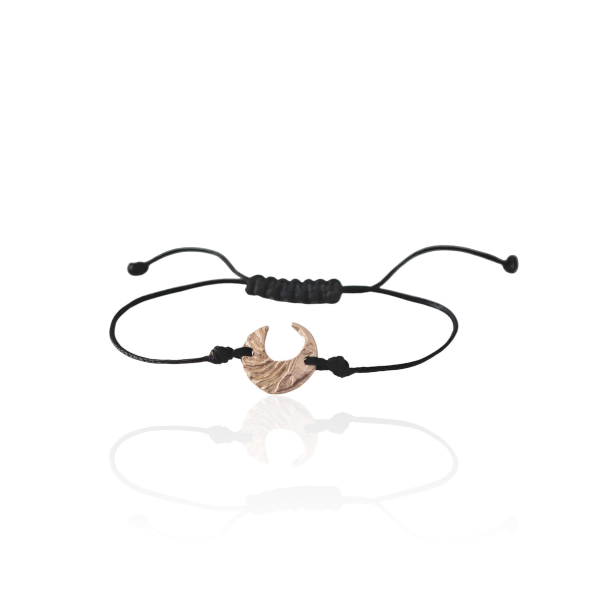 Moon Whisper crescent moon bracelet in sterling silver 925 with adjustable black cord, handmade in Athens.