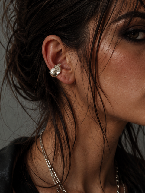 No piercing silver ear cuff by Athenart worn on model