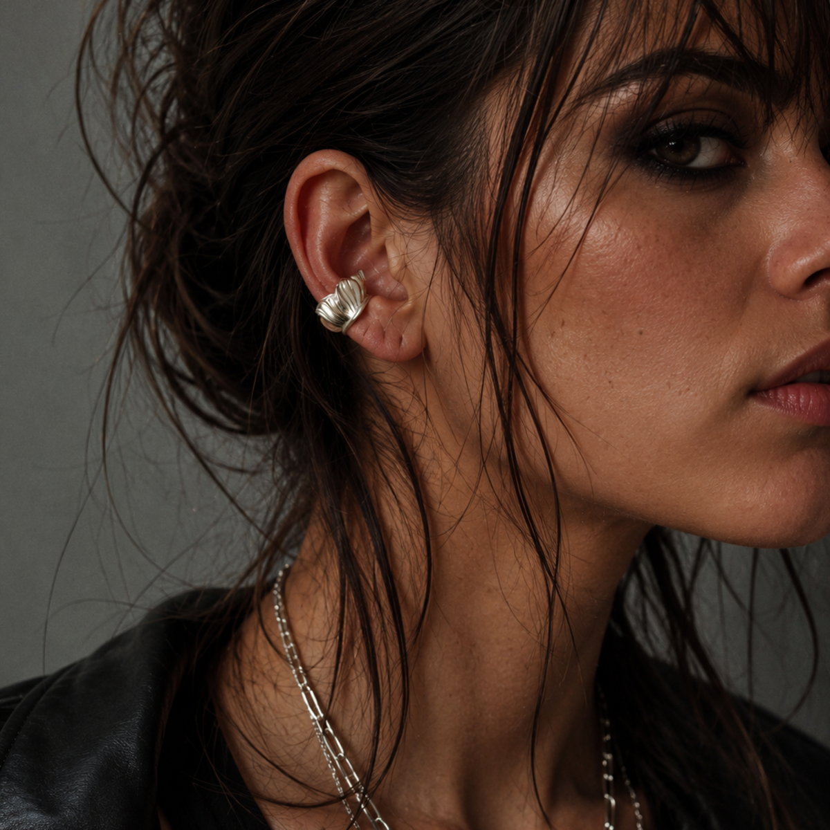 No piercing silver ear cuff by Athenart worn on model
