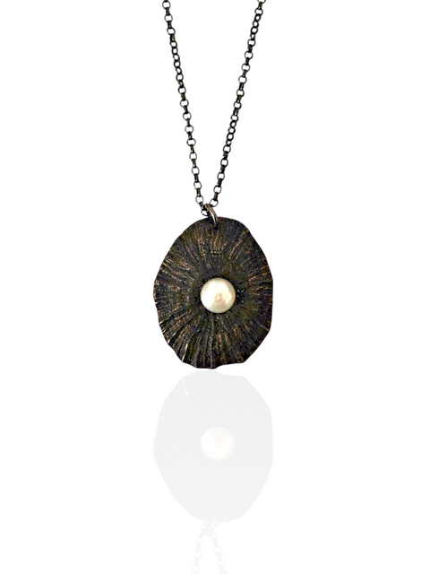Sea shell Pearl Necklace handmade oxidized silver shell necklace by Athenart