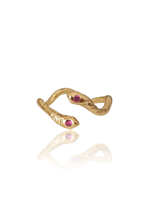 Handmade silver snake ring with red zircons 