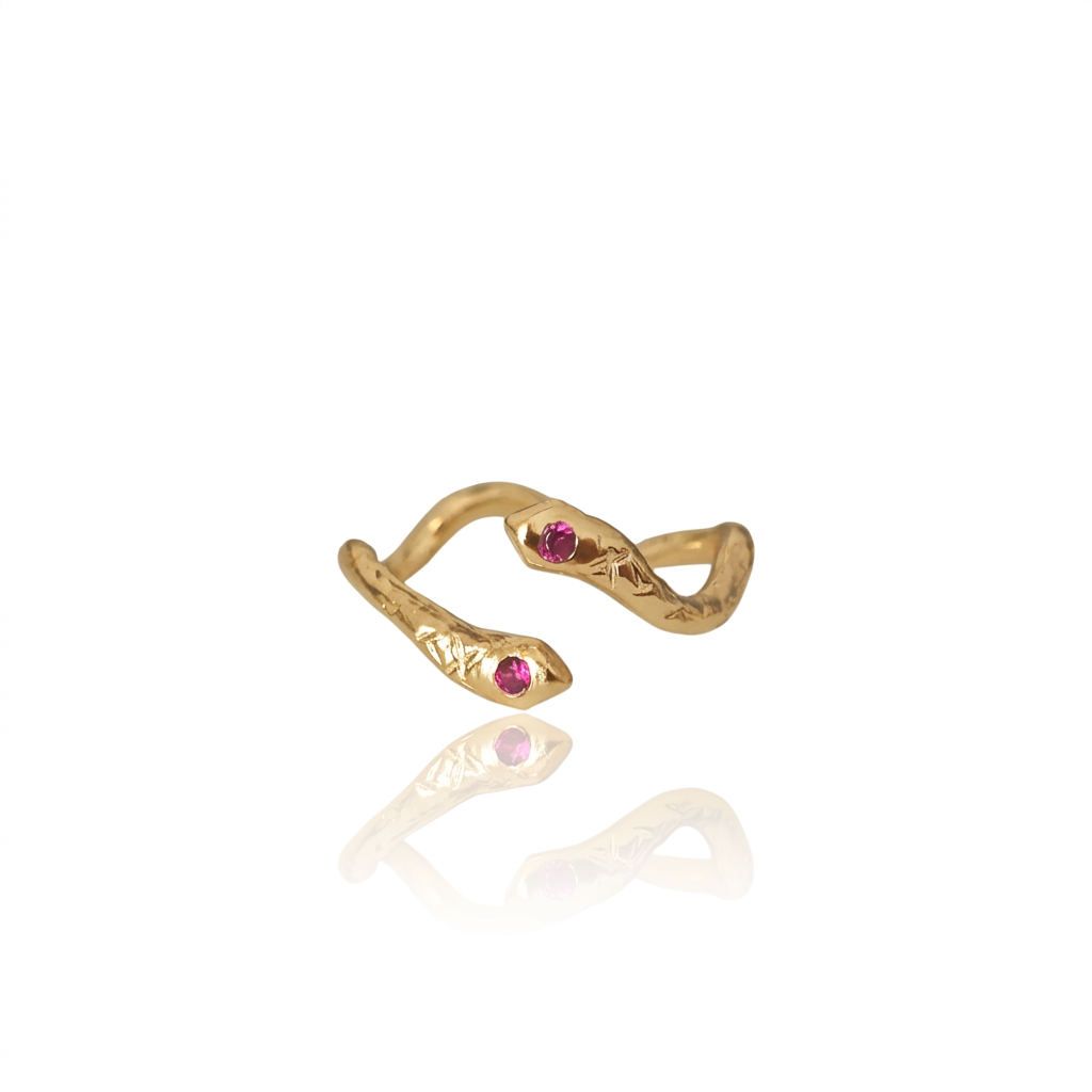 Handmade silver snake ring with red zircons 