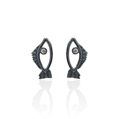 Tiny oxidized fish earrings with white zircon, handmade Greek jewelry by Athenart