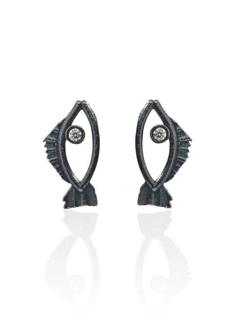 Tiny oxidized fish earrings with white zircon, handmade Greek jewelry by Athenart