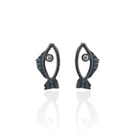 Tiny oxidized fish earrings with white zircon, handmade Greek jewelry by Athenart