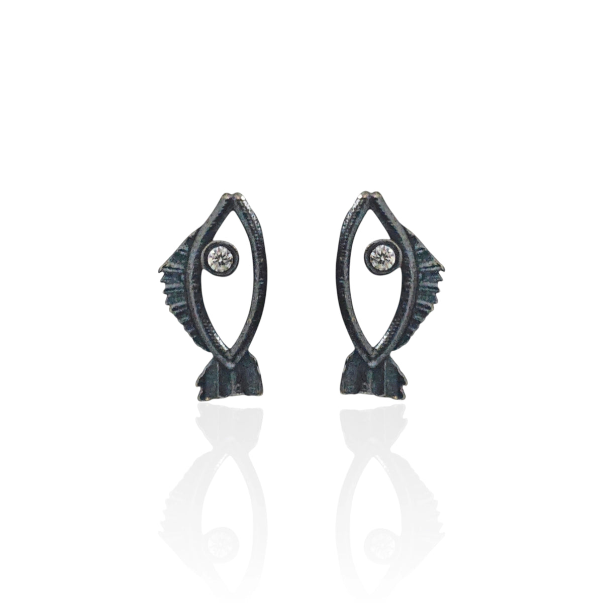 Tiny oxidized fish earrings with white zircon, handmade Greek jewelry by Athenart