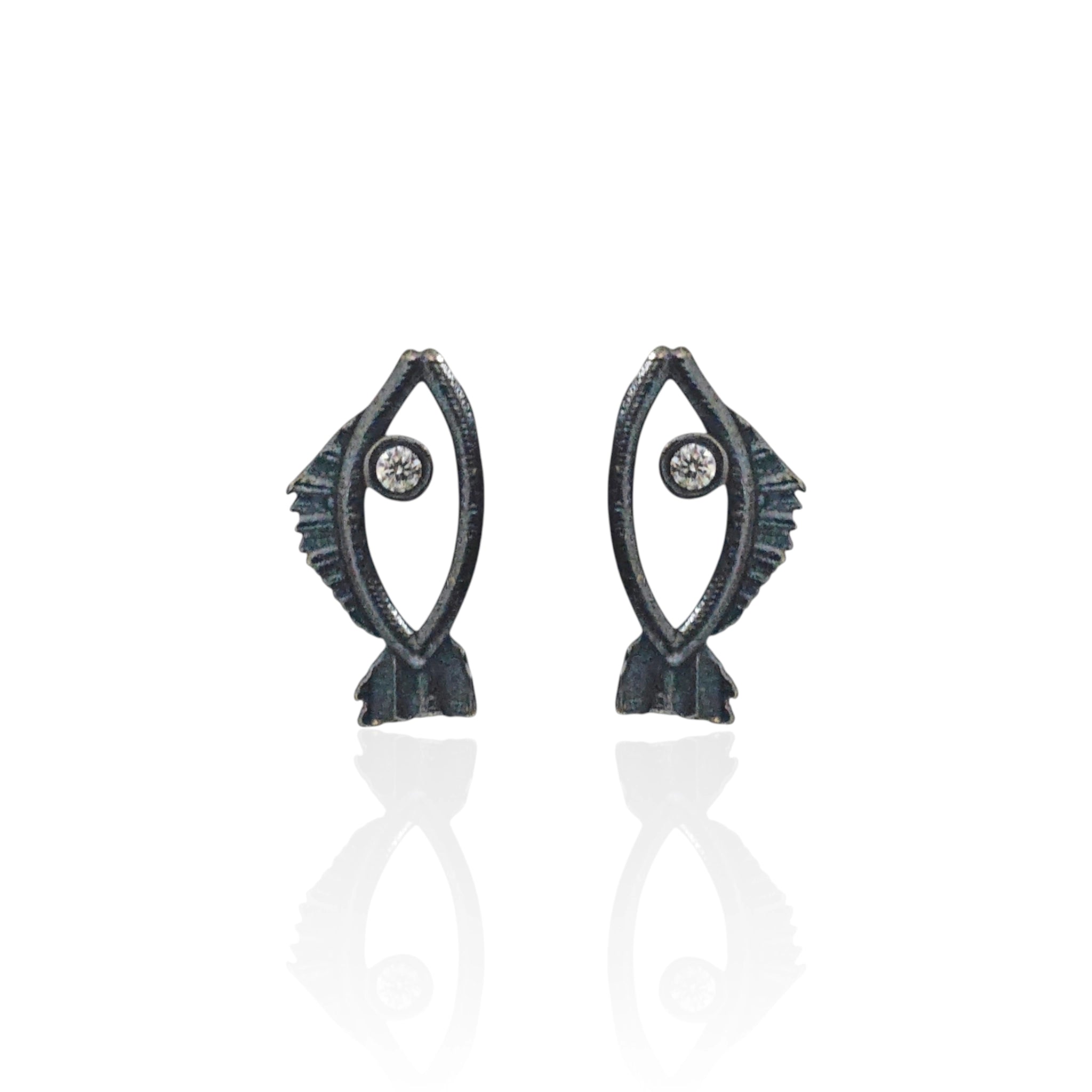 Tiny oxidized fish earrings with white zircon, handmade Greek jewelry by Athenart