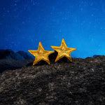 Gold-plated Asteria star earrings on stone with night sky background