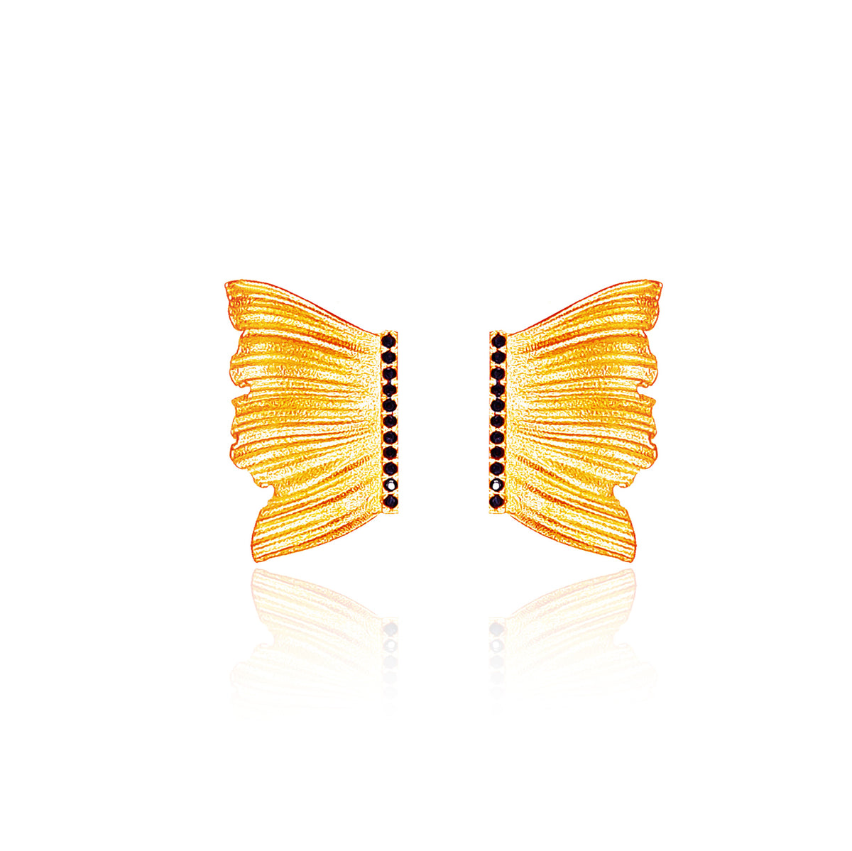 Half Butterfly stud earrings in gold plated sterling silver with  black zircons on white background