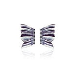 Half Butterfly stud earrings in oxidized sterling silver with black zircons on white background