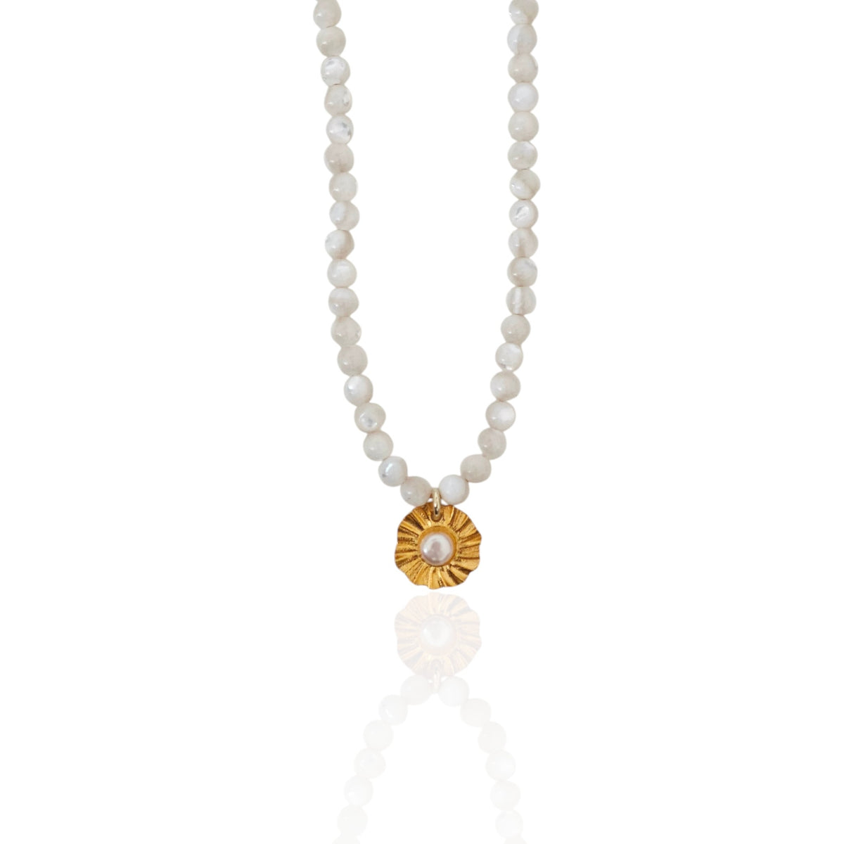 Sun pearl seashell beaded necklace in gold plated finish by Athenart