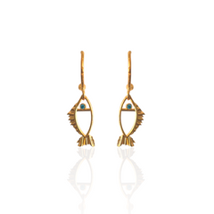 Gold fish-shaped earrings with wblu eye zircons made in Athens 