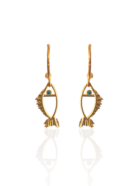 Gold fish-shaped earrings with wblu eye zircons made in Athens 