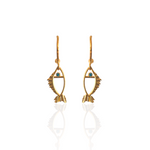 Gold fish-shaped earrings with wblu eye zircons made in Athens 