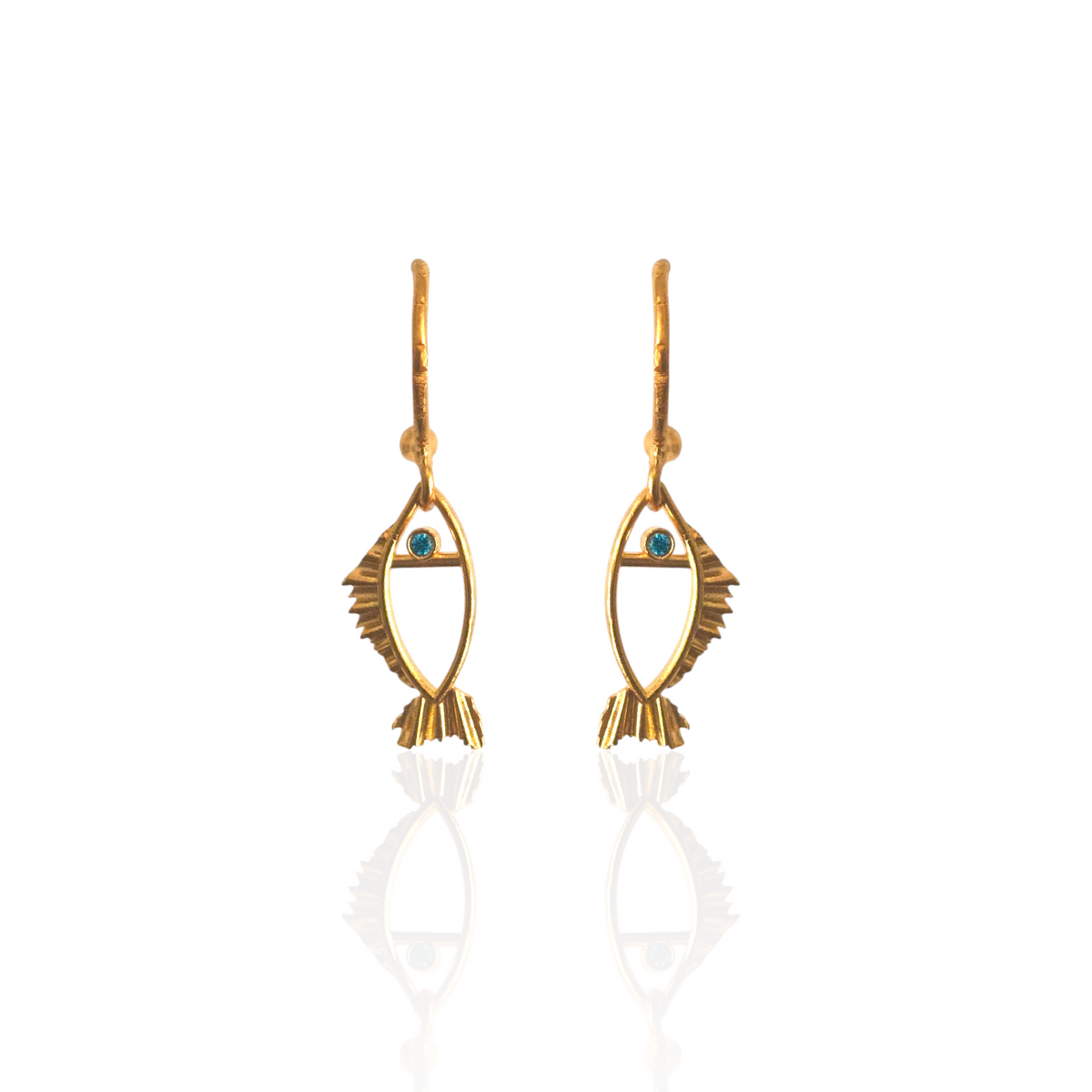 Gold fish-shaped earrings with wblu eye zircons made in Athens 