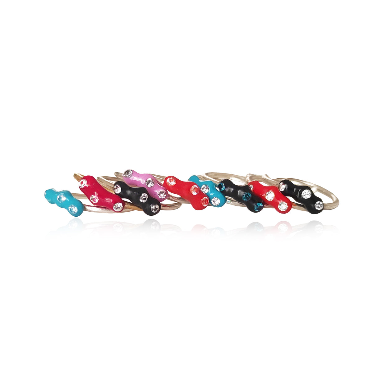 Colorful enamel stackable silver rings with zircon details handmade in Athens