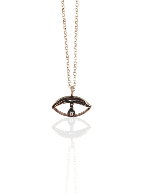 Argus tiny eye charm necklace in oxidized silver with white zircon – Athenart