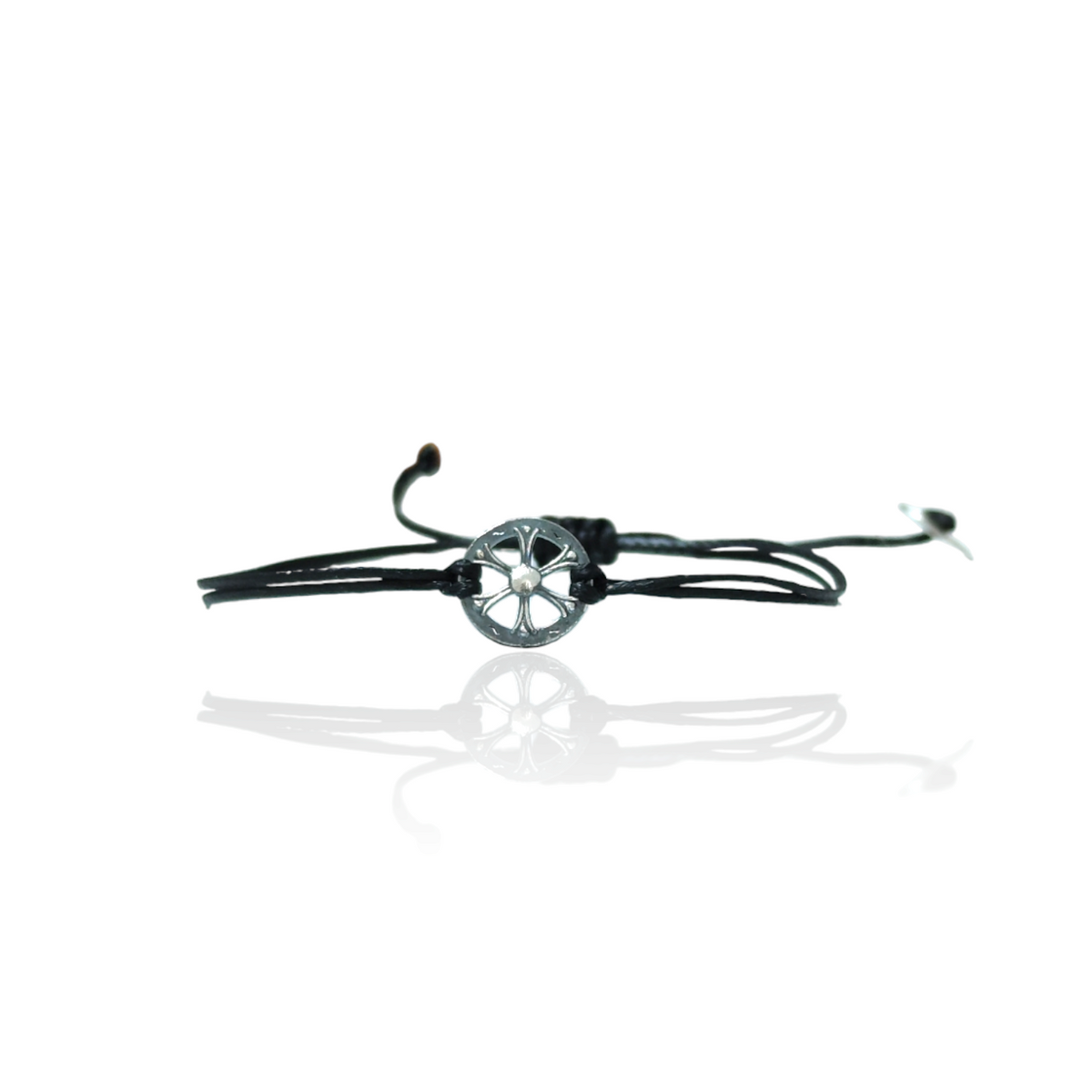 Wheel of Fortune adjustable black cord bracelet in oxidized sterling silver 925, handmade by Athenart Jewelry.
