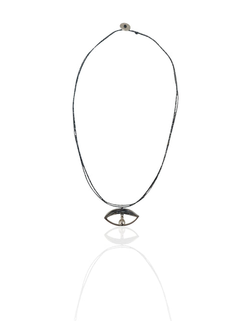 Argus Minimal Evil Eye Cord Necklace by Athenart with silver eye charm on black cord