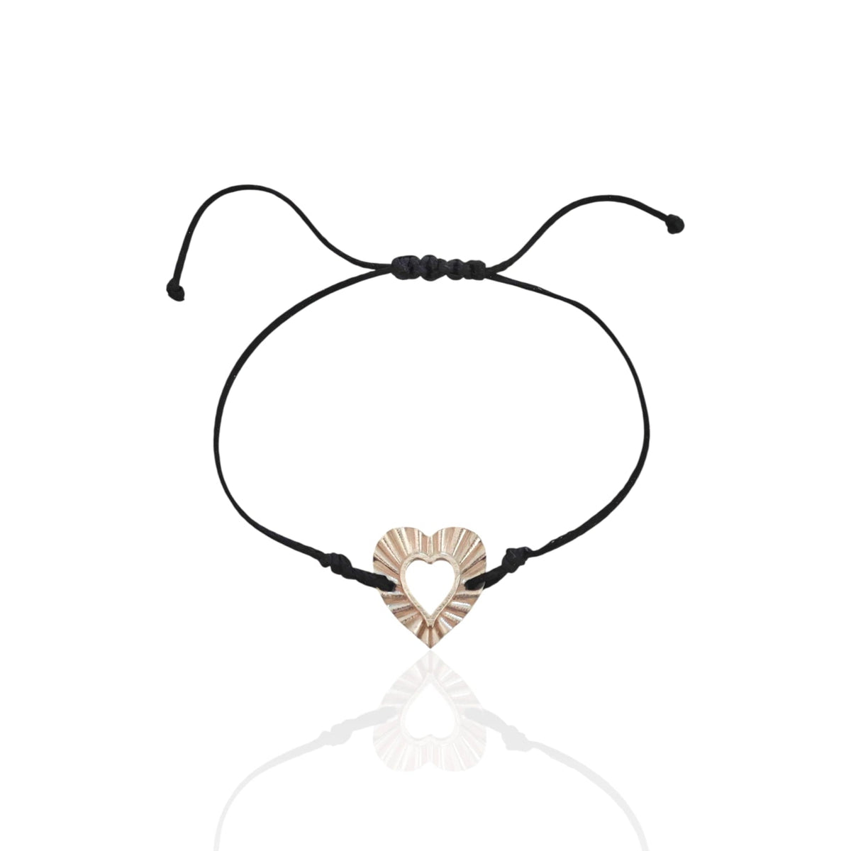 Phos Heart cord bracelet in silver with black adjustable cord
