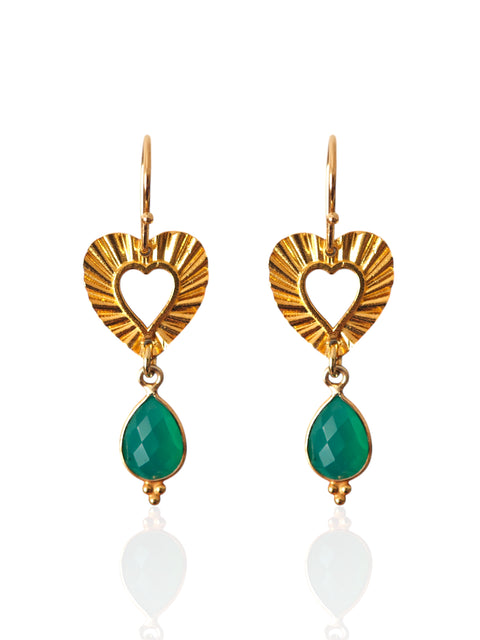 Phos Heart drop earrings in gold plated silver with chrysoprase gemstone drops