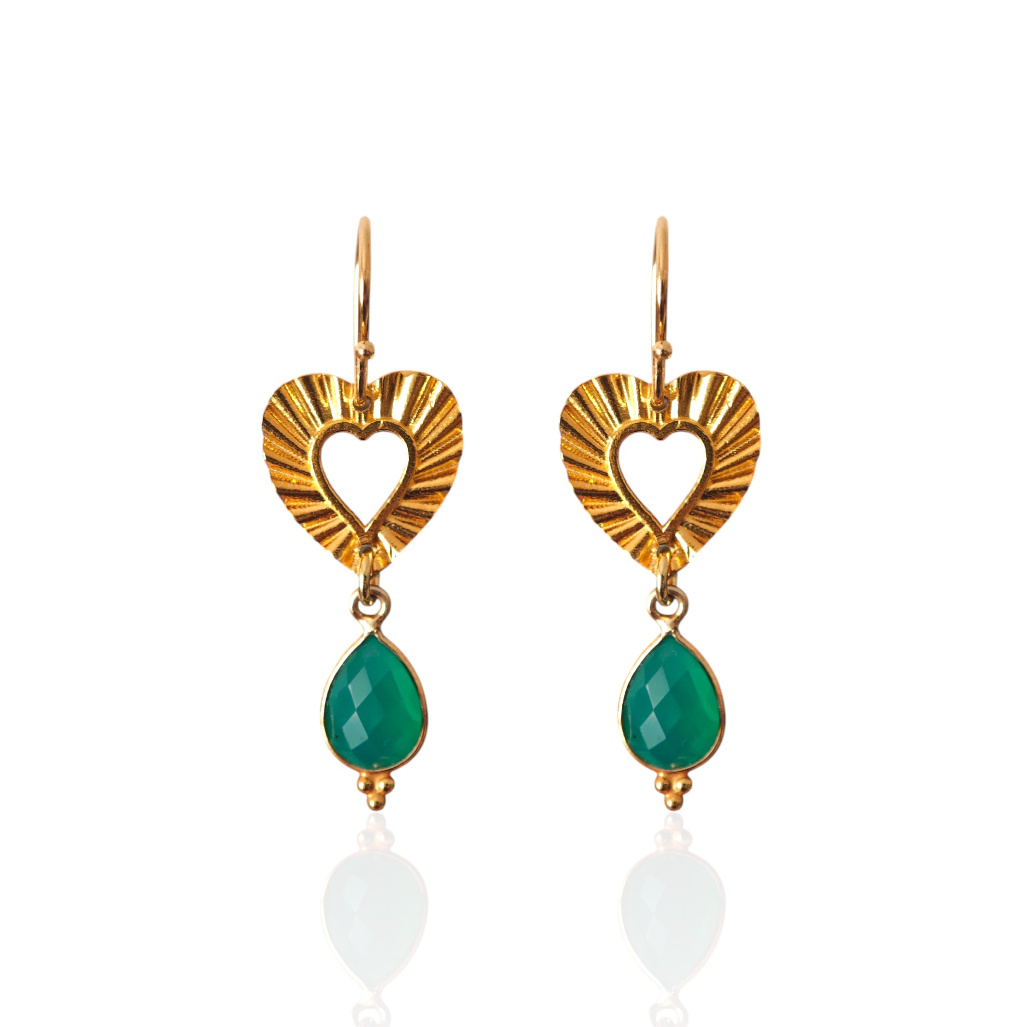 Phos Heart drop earrings in gold plated silver with chrysoprase gemstone drops