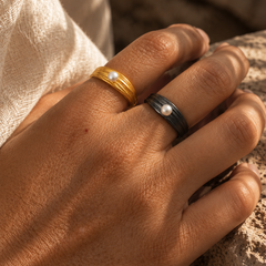 Handmade Greek pearl rings in gold plated and oxidized sterling silver by Athenart Jewelry