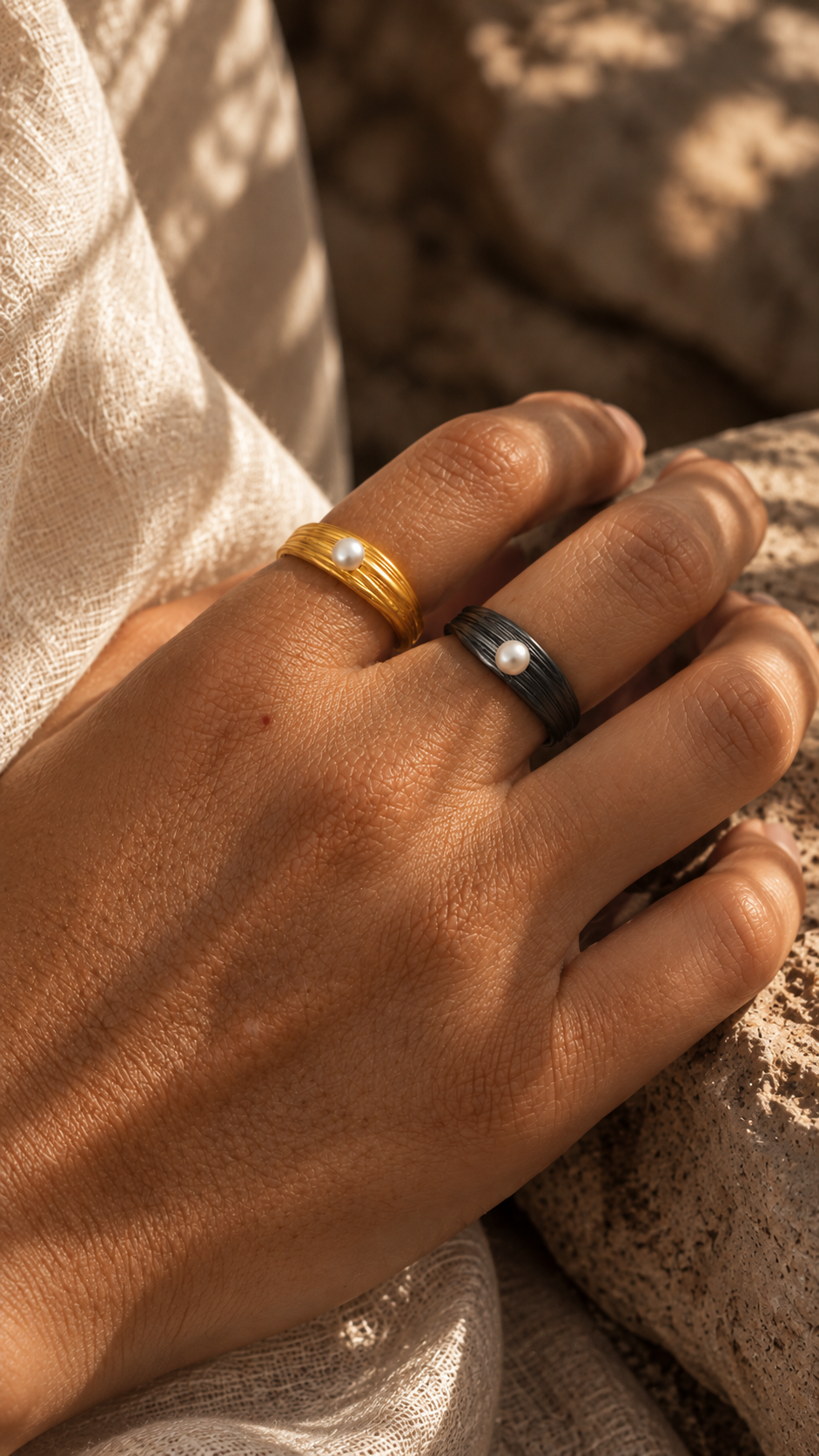 Handmade Greek pearl rings in gold plated and oxidized sterling silver by Athenart Jewelry