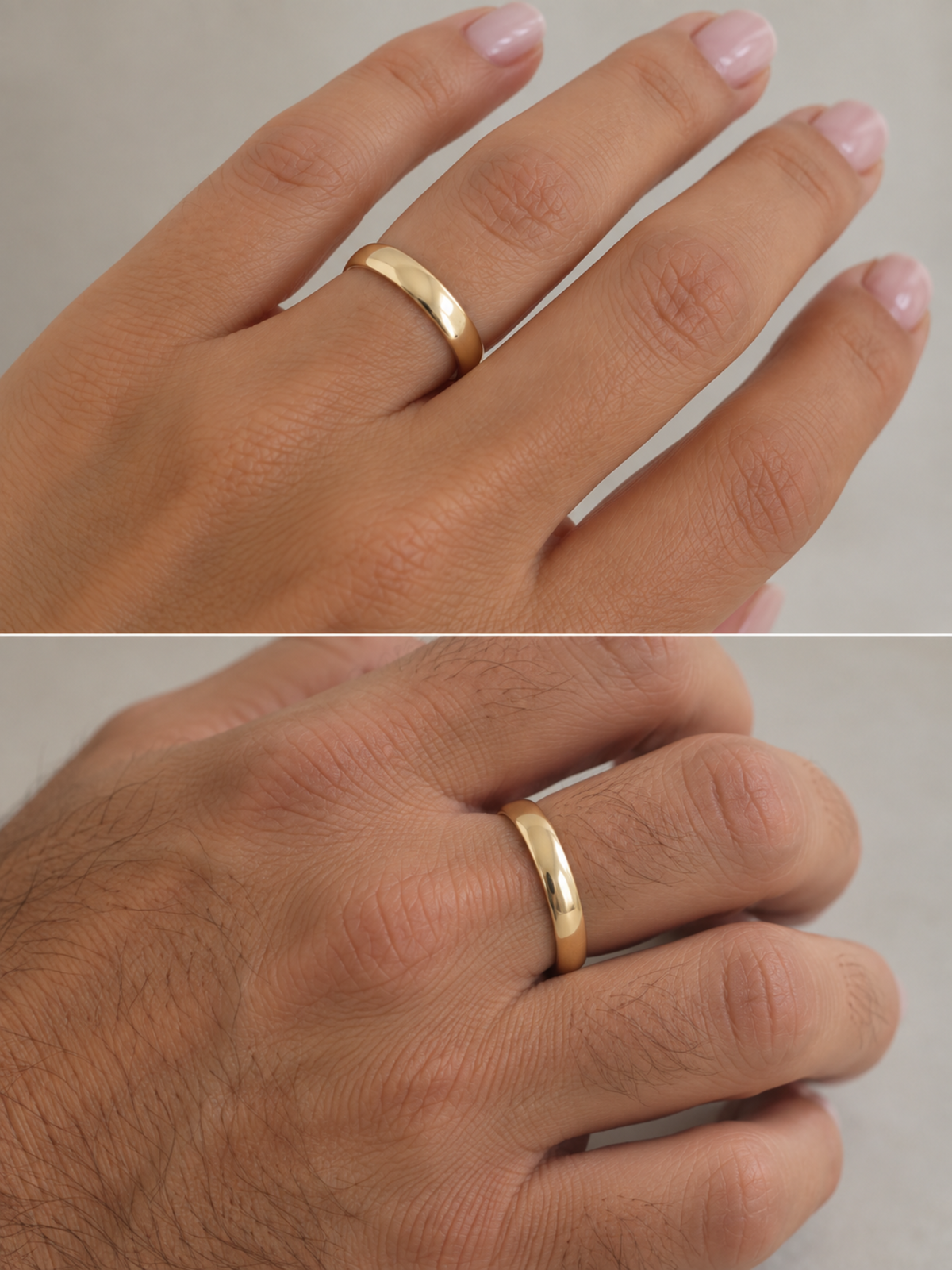 Pair of classic slim domed yellow gold wedding bands with a 4mm width