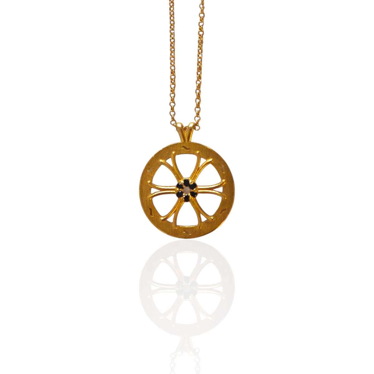 Athenart Wheel of Fortune openwork necklace in gold-plated 925 sterling silver with black stones, handmade Greek jewelry.