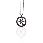 Athenart Wheel of Fortune openwork necklace in oxidized 925 sterling silver with red stones, handmade in Athens.