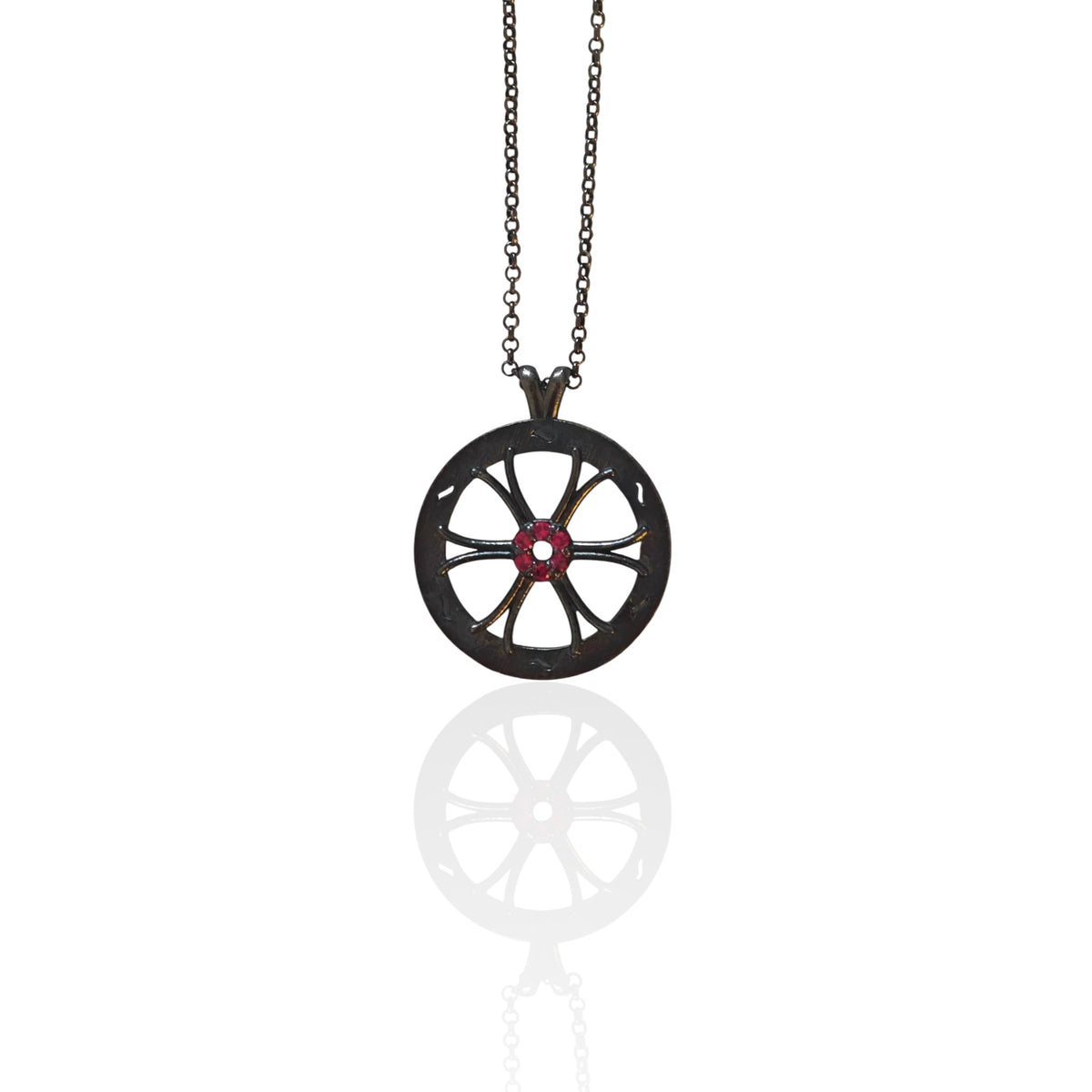 Athenart Wheel of Fortune openwork necklace in oxidized 925 sterling silver with red stones, handmade in Athens.