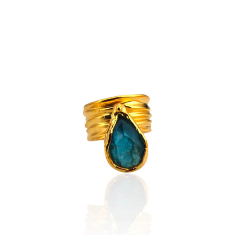 Athenais Naias Ring – handmade wide band gold-plated ring with blue apatite teardrop ston