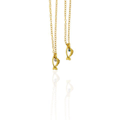 Galene fish necklaces in gold plated finish with white and light blue zircon