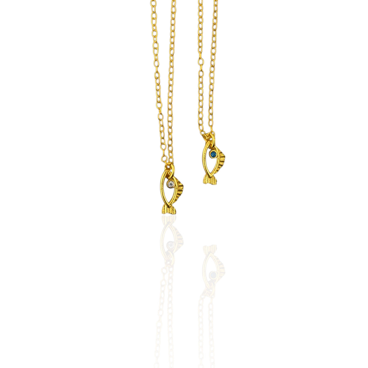 Galene fish necklaces in gold plated finish with white and light blue zircon
