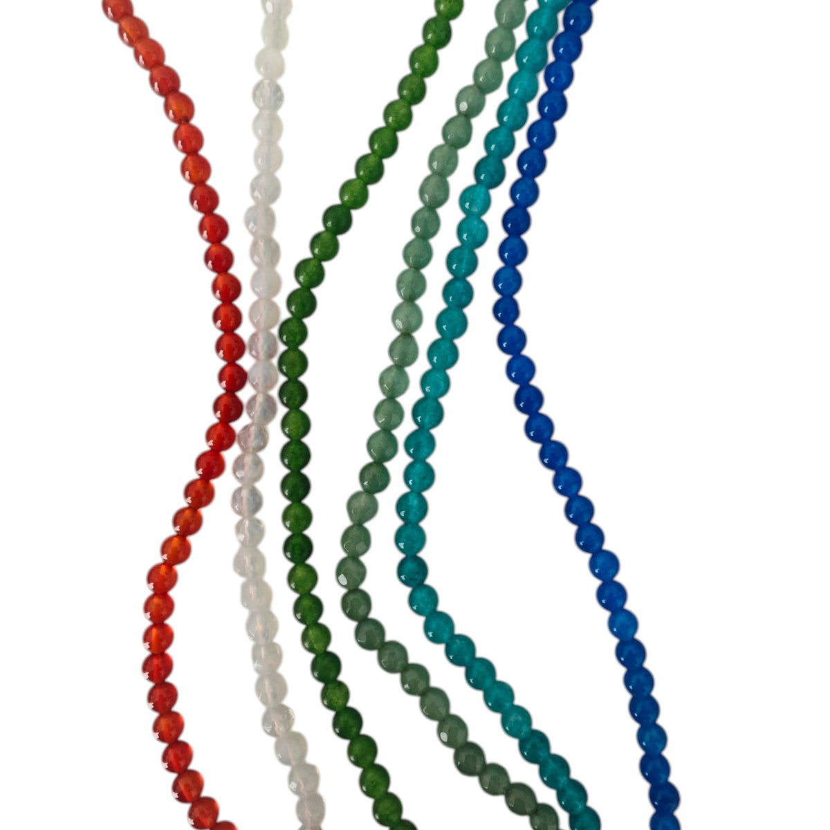 Set of colorful beaded necklaces on a white background