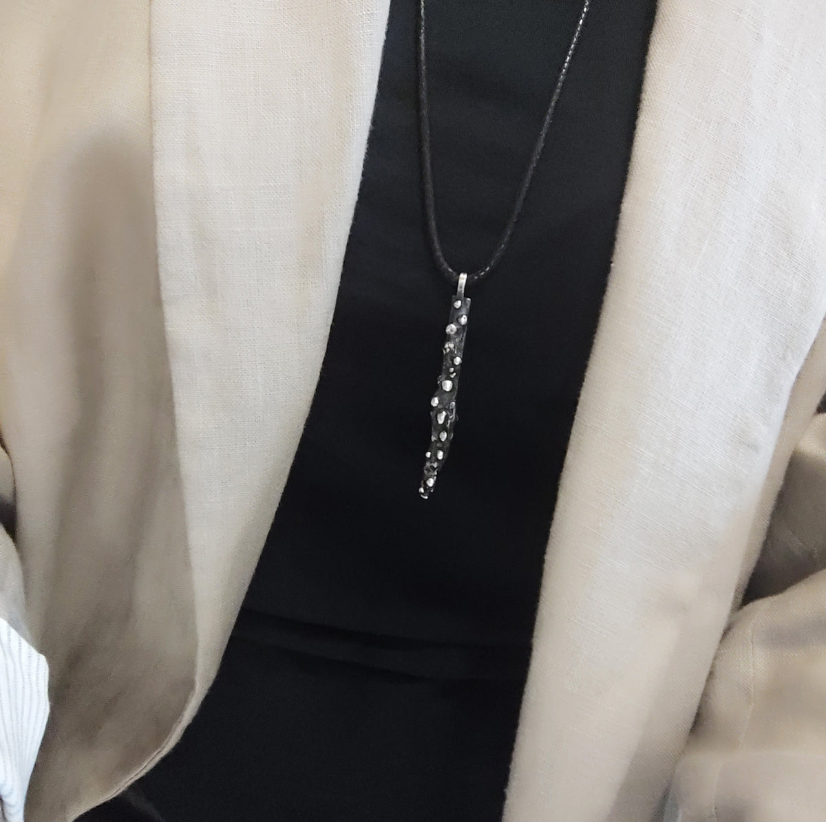 Long handmade pendant necklace with black, red, or white zircons