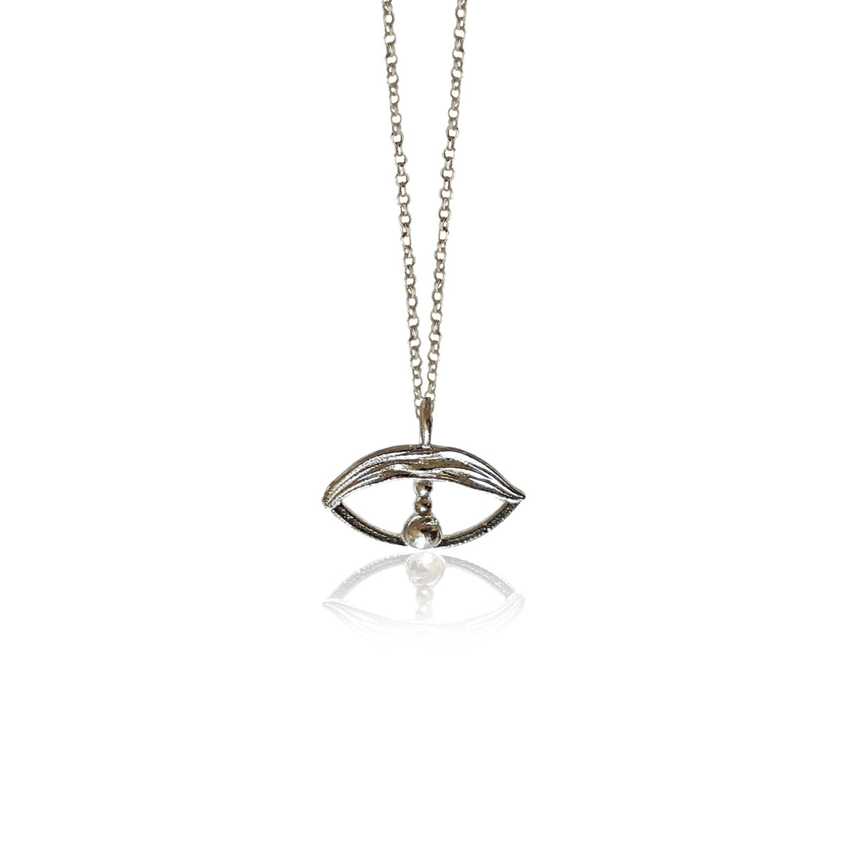Silver eye-shaped pendant necklace on a white background